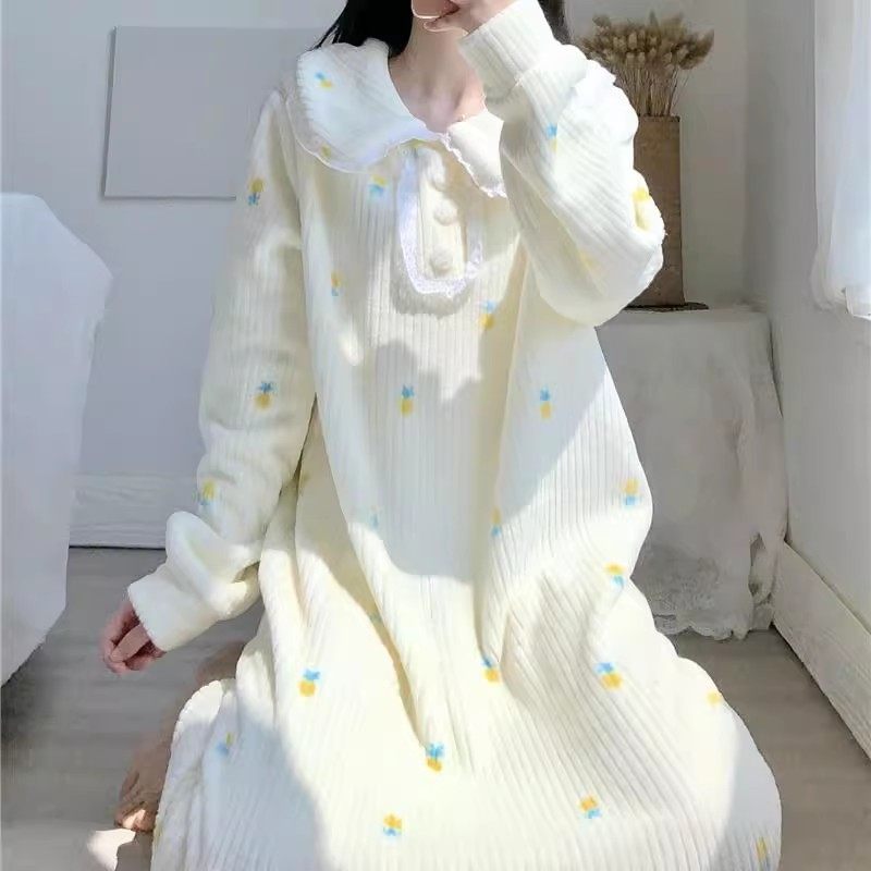 法兰绒睡裙女长款翻领宽松加绒