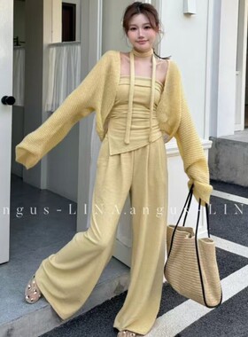 女洋气春款裹胸长裤外披套装