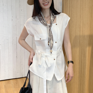 方领短袖衬衫配带丝巾2026夏季新款女装系腰带显瘦麻料透气衬衫