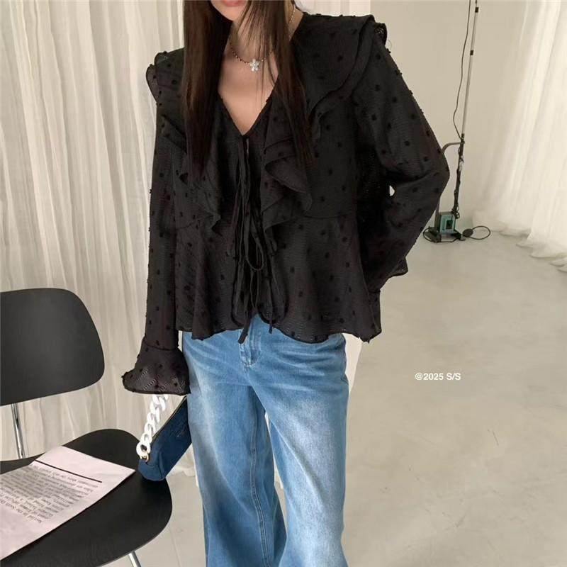 V领双层荷叶边喇叭长袖衬衫韩版短款洋气小众设计感百搭雪纺小衫