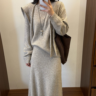 披肩圆领长袖针织衫+半身长裙2025秋冬女时尚三件套毛衣套装
