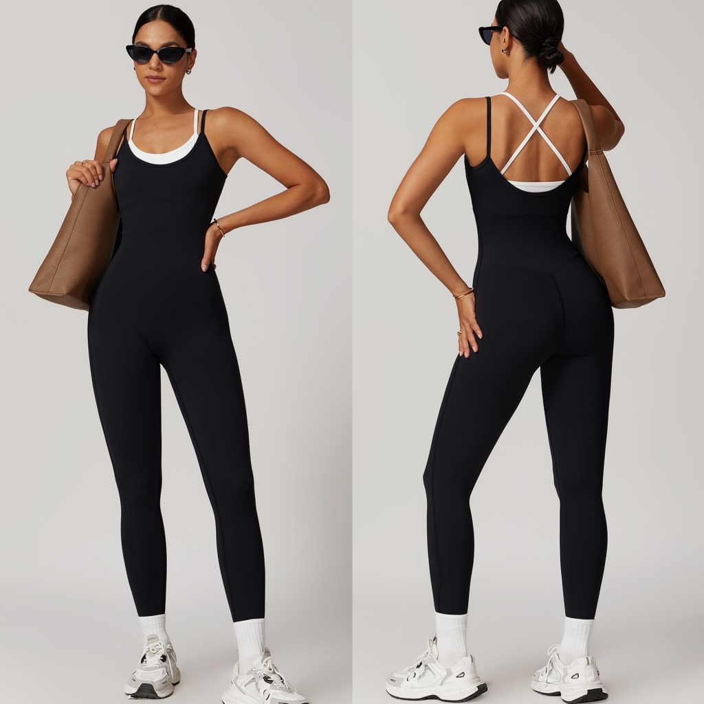 假两件撞色吊带运动连体衣带胸垫一体式瑜伽服露背户外健身连体服