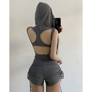 辣妹连帽抽绳短裤休闲运动一体式螺纹健身抽绳褶皱连体衣无胸垫