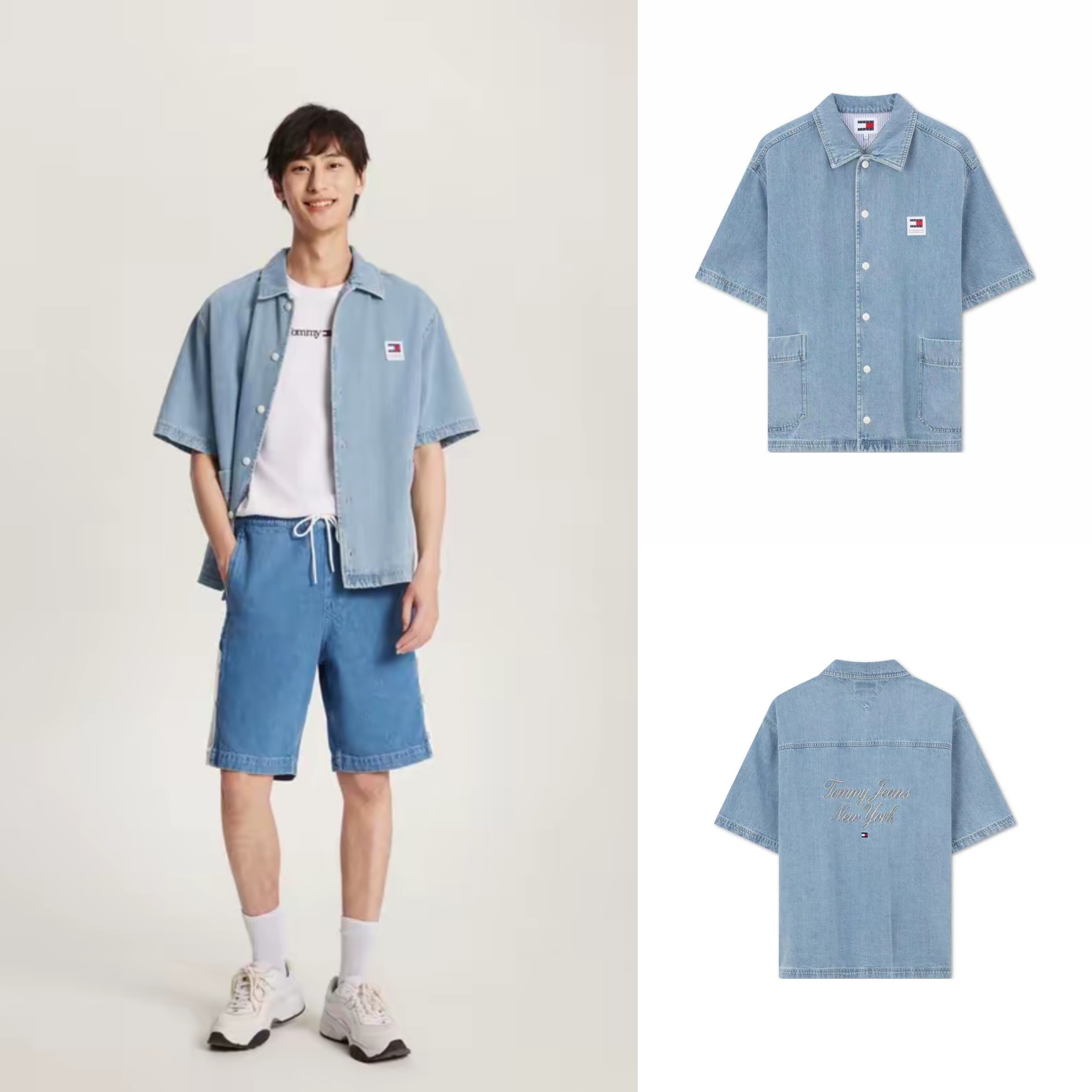 正品Tommy Hilfiger 汤米美式复古刺绣宽松落肩牛仔短袖外套衬衫