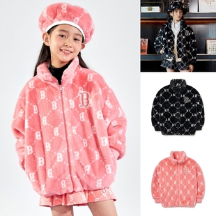 超酷！正品韩国MLB大童秋冬老花字母立领防风保暖毛绒外套夹克