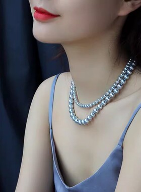 电光天蓝施家珍珠真多麻项链女百搭锁骨链串珠颈链毛衣链饰品