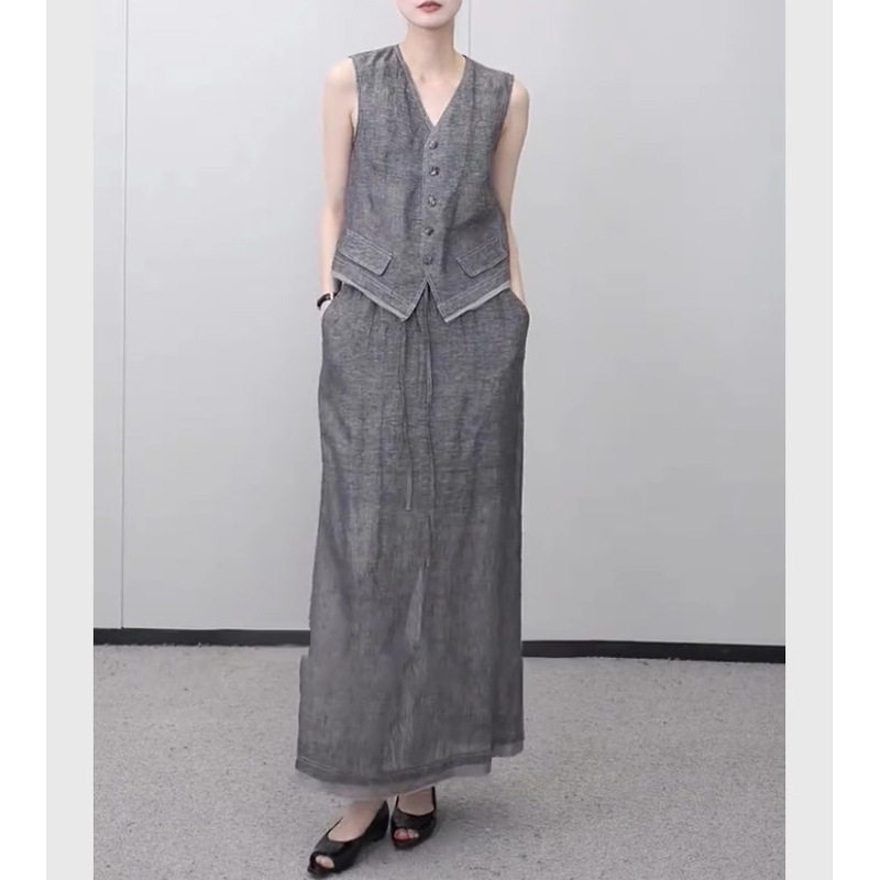 高端亚麻轻奢高级感极简时尚老钱风灰色马甲半身裙套装女夏松弛感