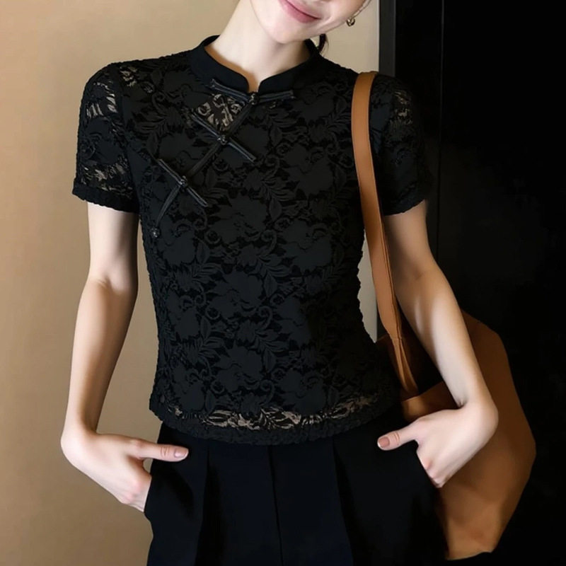 新中式蕾丝上衣女夏季2026新款短袖黑色盘扣修身显瘦大码气质上衣