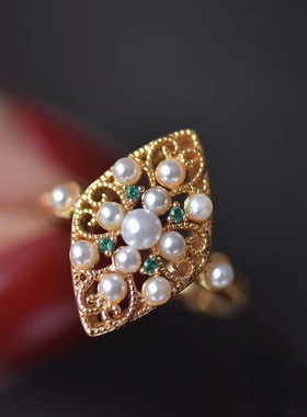 小众雕刻镂空蕾丝珍珠祖母绿复古可调节戒指秋冬轻奢精致优雅饰品