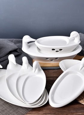 白色西餐陶瓷盘子鸭肉盘北京烤鸭烧鹅烧鸡专用盘鸭盘鸭板酒店餐具