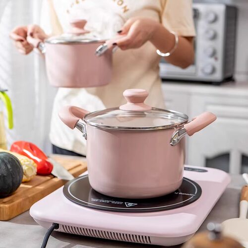 内外粉色陶瓷不粘汤锅家用不粘锅