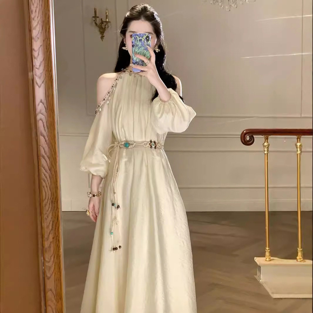 旅游长款连衣裙露肩长袖连衣裙女波西米亚度假风茶歇长裙