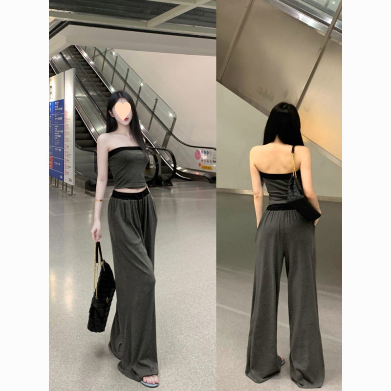 纯欲辣妹抹胸阔腿裤性感两件套褶皱无袖背心上衣长裤春夏秋冬套装