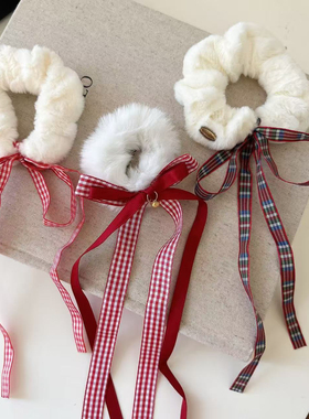 秋冬红色格子蝴蝶结毛绒发圈软糯可爱双马尾头绳扎头发皮筋大肠圈