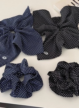 韩国东大门新款藏蓝色波点大肠发圈韩系方巾马尾发圈气质百搭头绳