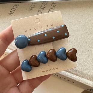 韩系同款蓝咖配色发夹爱心边夹前额一字碎发刘海夹子侧边夹发卡子