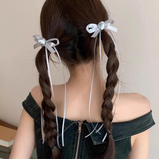 可爱少女芭蕾风银色玫瑰花蝴蝶结飘带发夹双马尾边夹侧边碎发发卡
