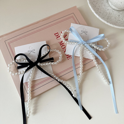 手作高级感珍珠蝴蝶结丝带发夹女甜美森系后脑勺边夹气质新款发卡