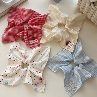 可爱彩点蝴蝶结红格子方巾发圈韩系少女青春活力大肠发圈马尾头绳