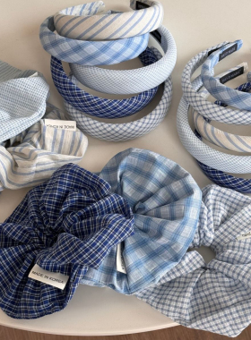 韩系蓝色条纹格子大肠发圈格纹发箍女森系头箍海绵高颅顶发饰新款