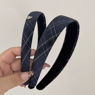 藏蓝色学院风格纹发箍款头饰百搭复古气质外出发卡布艺压发细头箍