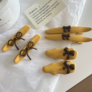 韩系新款黄色咖色蝴蝶结发夹刘海夹碎发侧边鸭嘴夹发卡子边夹发饰