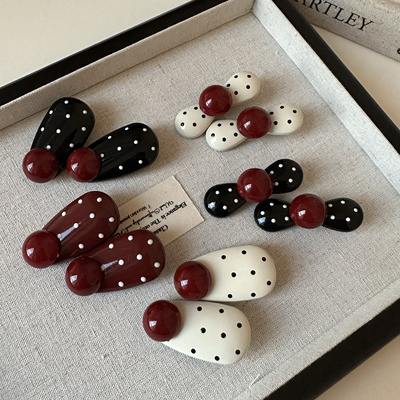 可爱椭圆波点红色珠子小边夹合金蝴蝶结圆点发夹刘海夹碎发发卡