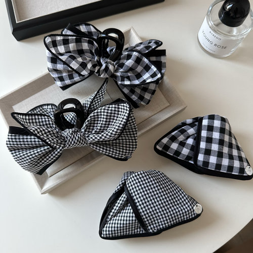 复古黑白格子小金标蝴蝶结鲨鱼夹韩国布艺显发量盘发大号抓夹发夹
