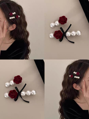 秋冬新款植绒山茶花珍珠蝴蝶结发夹刘海夹碎发边夹可爱花朵发夹子