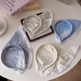 氛围感懒人小花格子蕾丝边发箍头巾一体三角巾田园风发巾发饰品