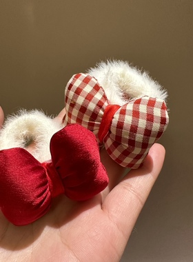 甜美可爱红色格子蝴蝶结发绳少女毛绒绒发圈双马尾头绳扎头发皮筋