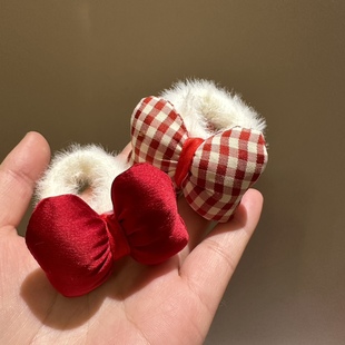甜美可爱红色格子蝴蝶结发绳少女毛绒绒发圈双马尾头绳扎头发皮筋