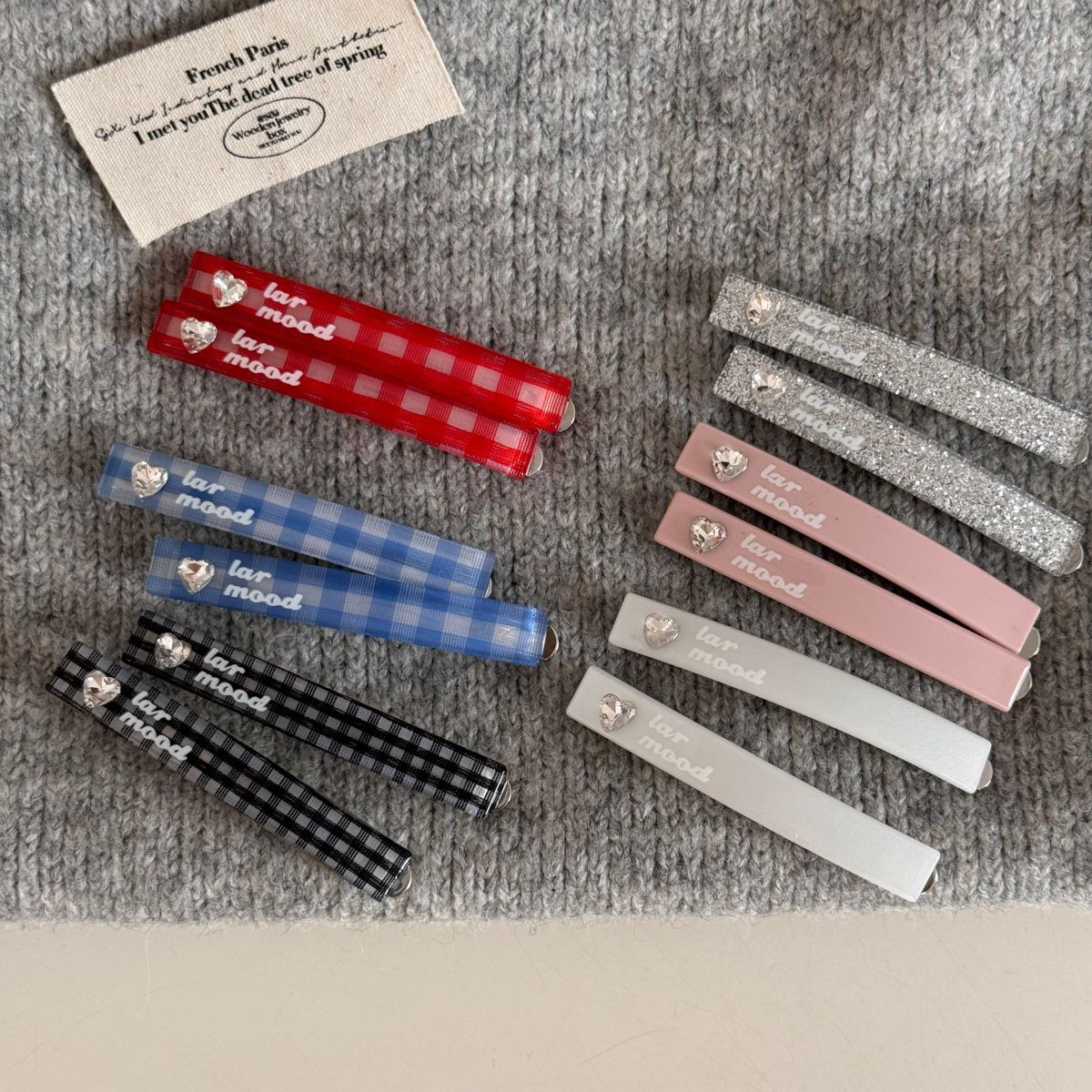 韩系爱心水钻格纹一字发夹