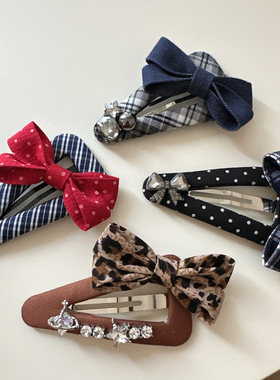 韩国东大门同款手做蓝色豹纹格子波点蝴蝶结发夹刘海夹高级感边夹