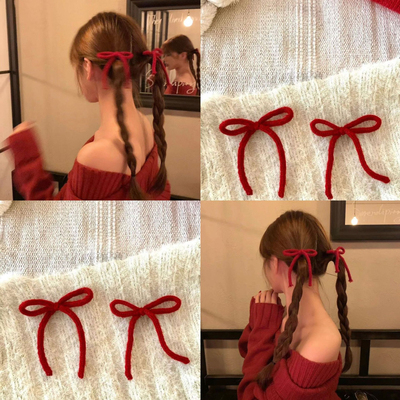 秋冬新款毛线蝴蝶结发夹刘海夹双马尾飘带发卡ins可爱少女发饰品