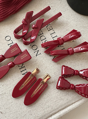 复古酒红色显白蝴蝶结发夹女高级感新年侧边刘海夹子发卡头饰发卡