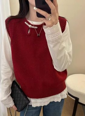 韩系两件套白色棉T恤打底衫针织马甲背心女2025秋冬新款时尚穿搭