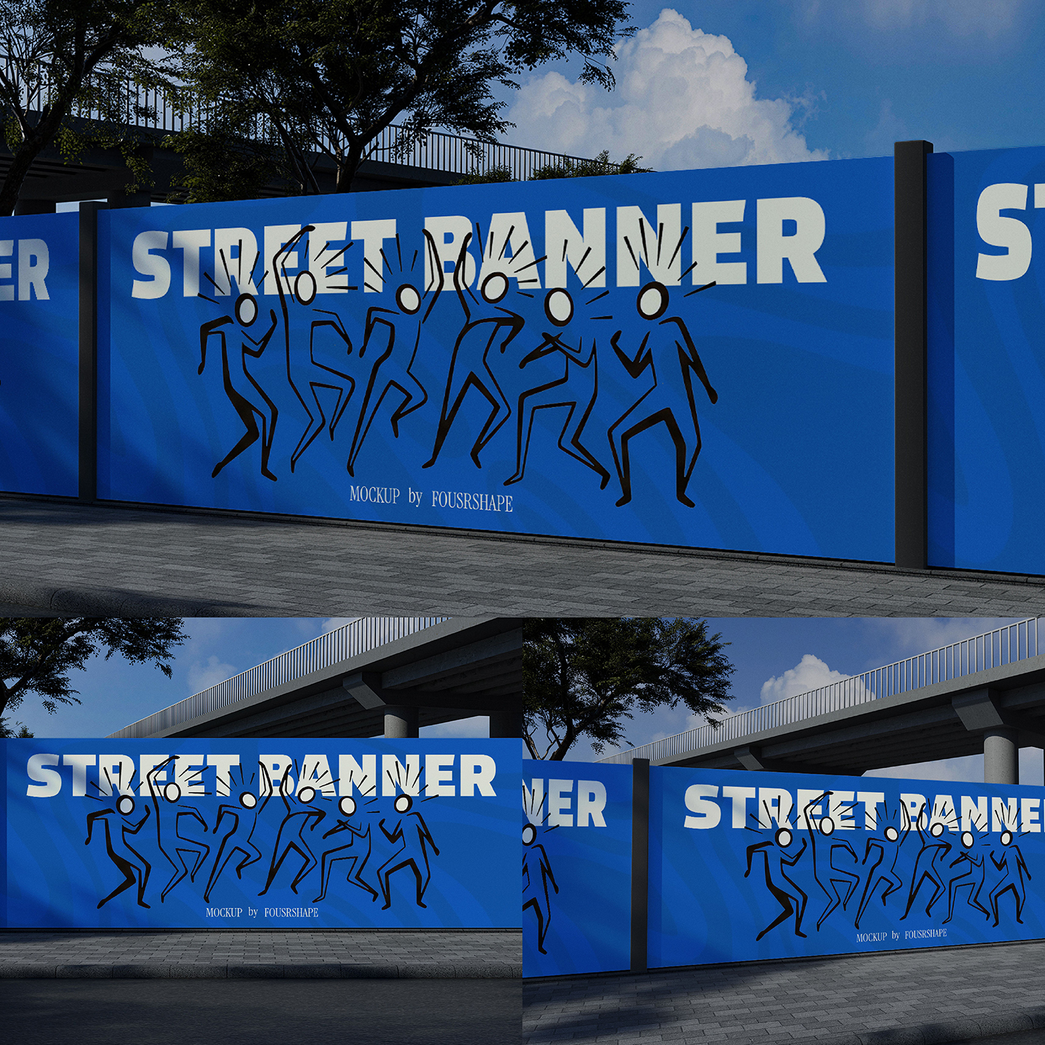 3款街头户外大型街头广告牌宣传海报设计psd样机素材场景展示效果
