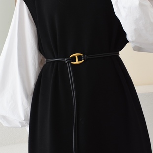 高级感金属扣软腰带女秋冬毛衣外套时尚简约打结腰绳装饰大衣皮绳