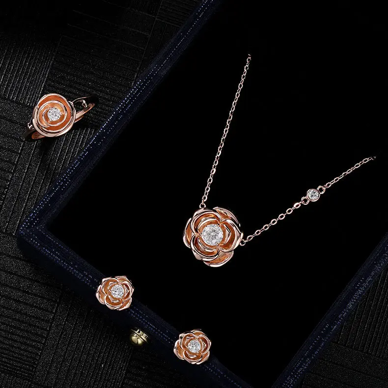 闪亮甄选s925通体纯银时尚三件套玫瑰项链玫瑰耳钉玫瑰戒指百搭