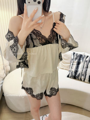 Romantic&lychee同款富家千金风 睡衣四件套缎面蕾丝边性感居家服