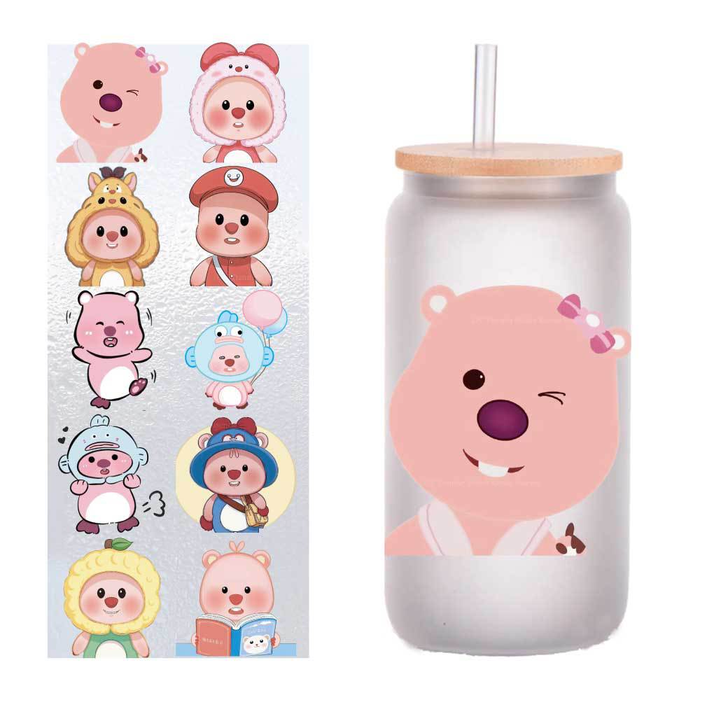 10张四英寸小海狸Loopy卡通UV转印贴纸水晶标签DIY玻璃杯贴纸定制