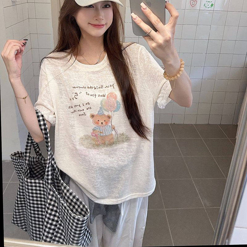韩版卡通印花短袖亚麻T恤女夏季新款大码女装甜美百搭宽松上衣ins