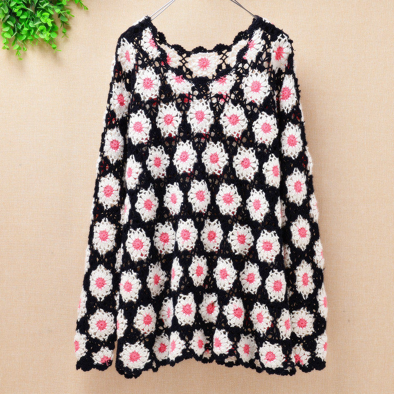 2025春新款慵懒风马海毛宽松仙女花边中长手勾花朵套头外套毛衣女