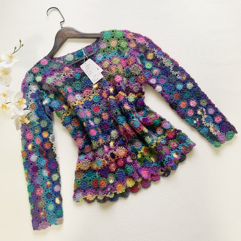 秋冬手工钩花编织立体花重工七彩撞色羊绒毛衣女宽松针织羊毛开衫