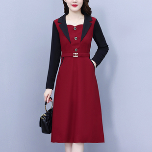 大码女装2024秋冬胖mm西装领拼接气质遮肚显瘦百搭洋气连衣裙淑女