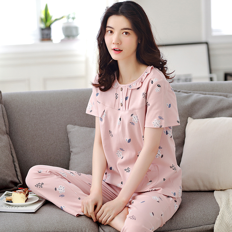 中年睡衣女春夏款純棉短袖長褲全棉薄款夏裝家居服荷葉邊兩件套裝