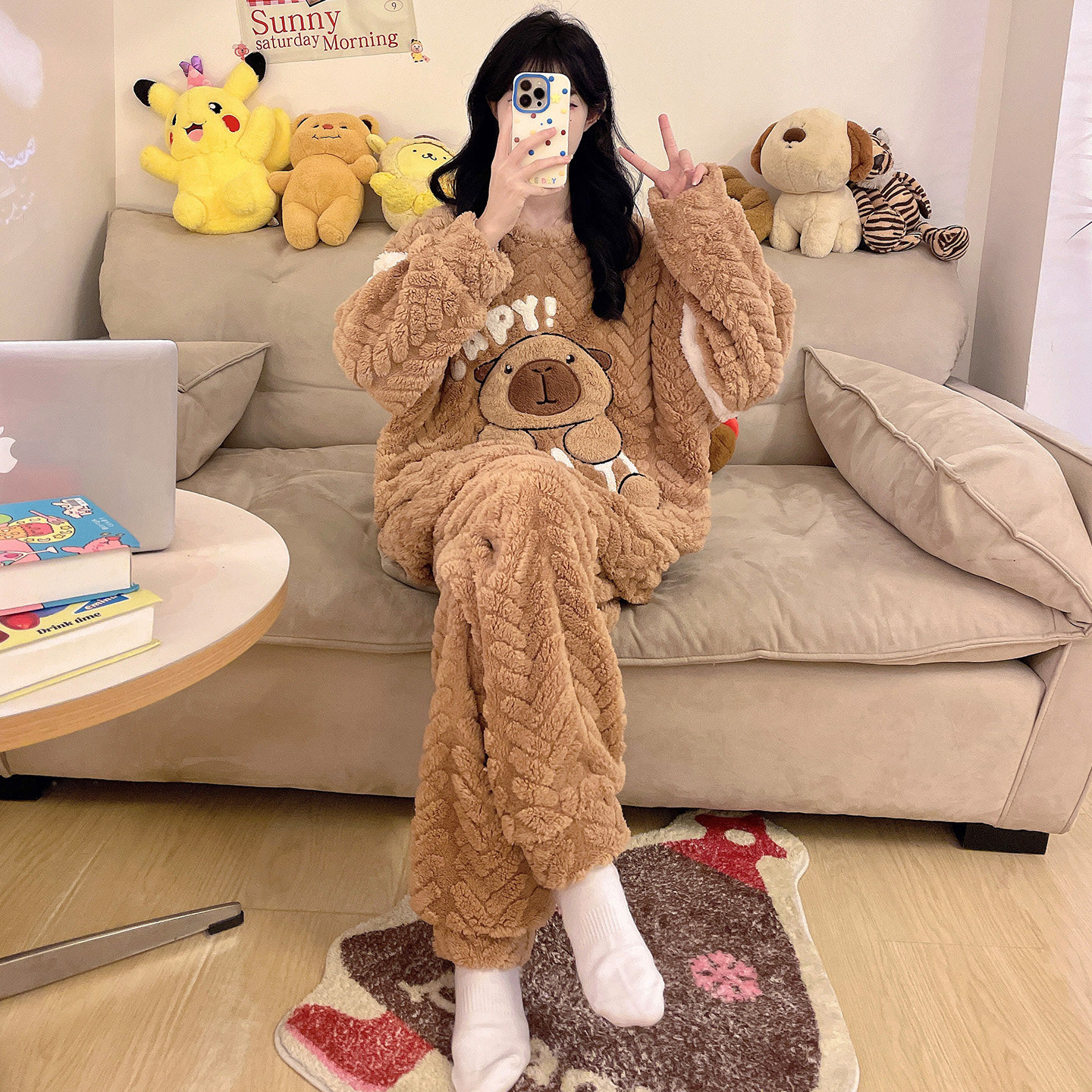卡皮巴拉珊瑚绒睡衣女秋冬季加绒加厚卡通可爱学生大码胖mm家居服