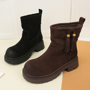 6024秋冬新款 中跟短筒瘦瘦靴休闲女靴 真皮厚底短靴百搭时尚