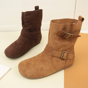 6001冬季 复古绒面双皮带扣单里勃肯女靴平底圆头舒适软底短靴 新款